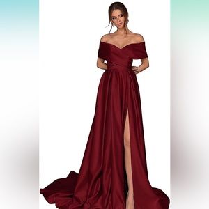 1.0  1
Women's Off The Shoulder Slit Prom Dresses Long Satin  Gowns with Pockets